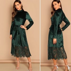 Shein Velvet Dress with Contrast Lace Green, Large